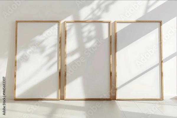 Obraz Three A4 size frames standing side by side on a white wall three blank poster light wood frames well sunlight no shadow shot on 12mm hyper realistic