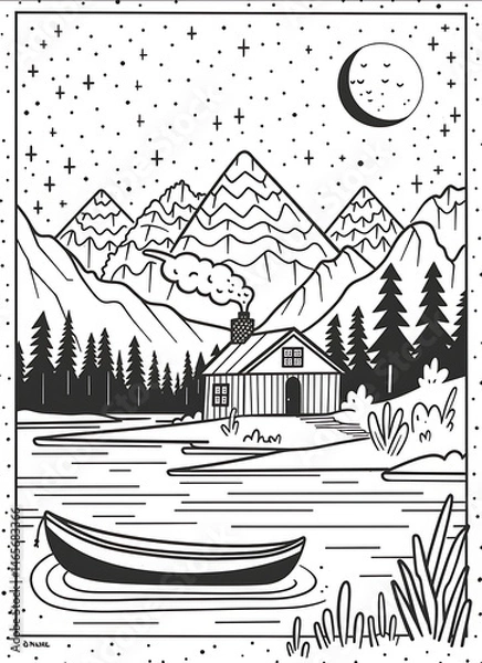 Obraz Create a simple coloring book page that illustrates a quaint lakeside setting The scene is framed within an oval border It features a cozy cabin with smoke driftin