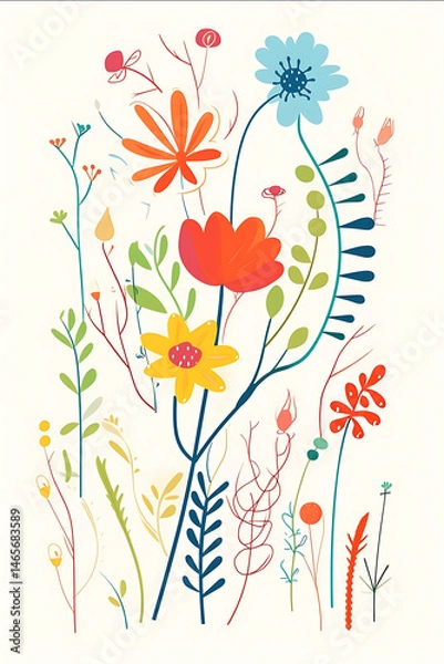 Obraz wild flowers tshirt design graphic cute and happy kawaii style colorful clear outline vector contour white background