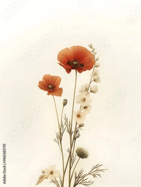 Obraz An arrangement of three vintage retro flowers with stems with a poppy flower in the center and white larkspur flowers on the sides against a white background