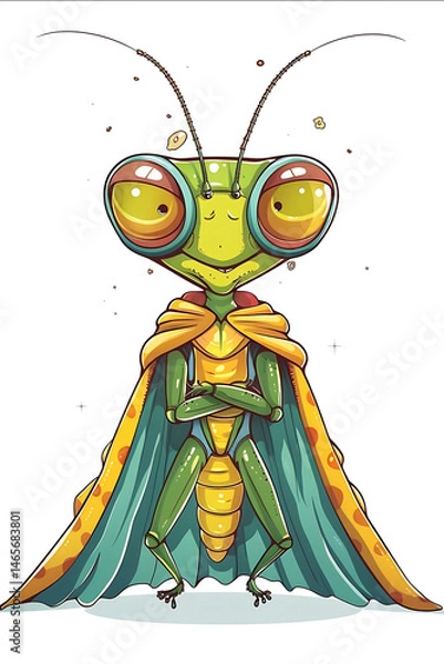 Obraz illustration of a friendly adorable cute praying mantis dressed as a superhero fairytale tshirt Design vector art on white background