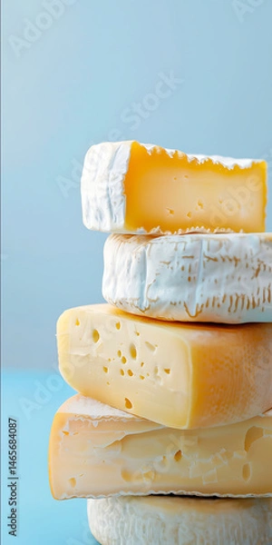 Obraz different types of fresh cheese wheels close up on top of each other light blue glazed plain background detailed realistic photography 4k