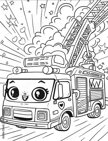 Obraz Craft a delightful coloring page that showcases a kawaiiinspired fire truck in a dynamic yet simplified setting suitable for teens The illustration should focus on