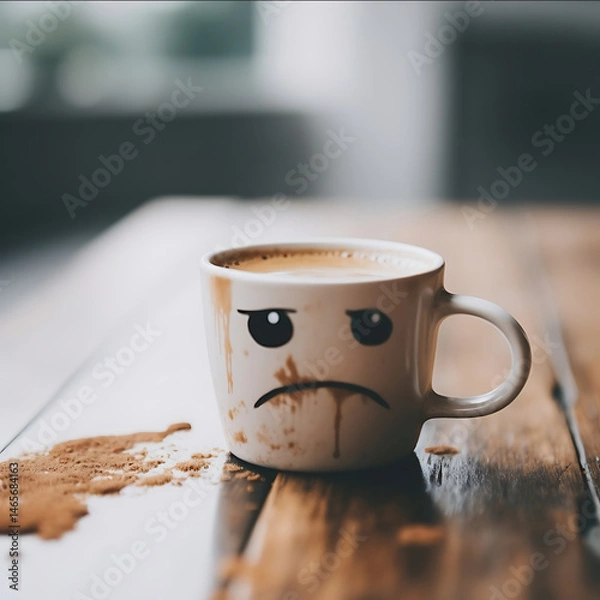 Obraz closeup on a cup of coffee that is unhappy to be awake in the morning sitting on a plain white table background in soft focus Meme vibes
