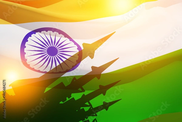 Fototapeta The missiles with Indian flag. Nuclear bomb, chemical weapons, missile defense, a system of salvo fire.