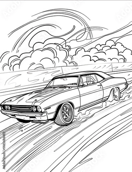 Obraz Drag race car at the track format as coloring book page monochrome white background