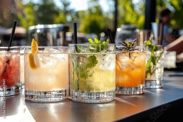 Fototapeta A variety of different gin and tonics in glasses on the bar, with some garnishes, on an outdoor terrace The background is blurred to emphasize the drinks Generative AI