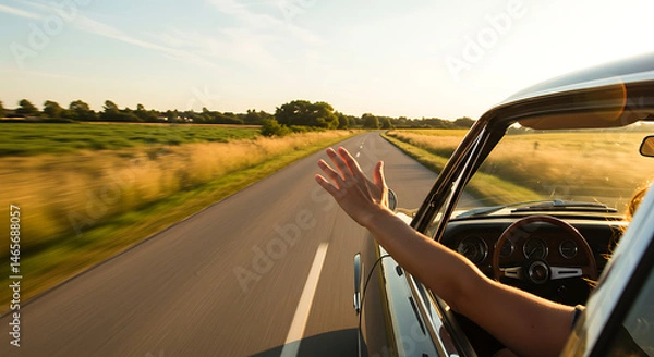 Fototapeta Open Road Adventure: A spirited traveler stretches an arm out of a classic car on an open road, embodying the freedom and joy of a scenic drive, bathed in the golden sunlight.