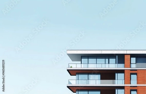 Obraz Modern apartment building corner against a pale blue sky.  Exterior shot features a multi-story structure with red brick and concrete elements, balconies with glass railings, and large windows