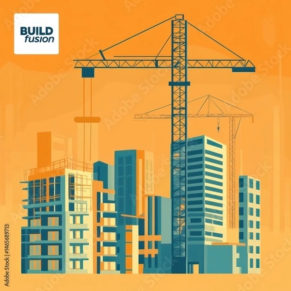 Obraz Cityscape under construction with cranes.  Modern buildings are being erected.  Construction site with multiple cranes
