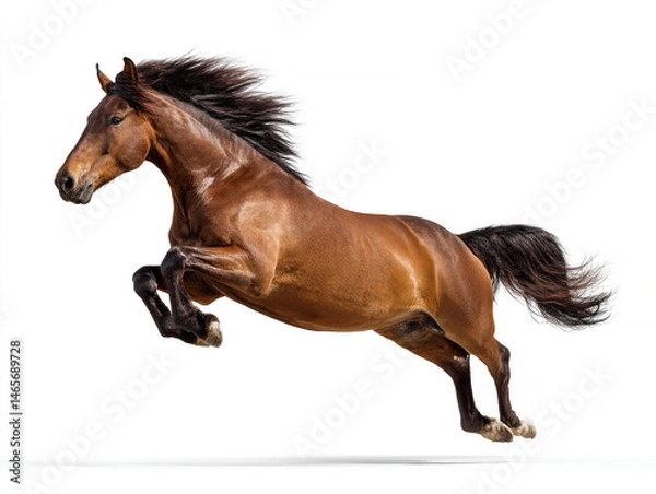 Fototapeta Mid-flight galloping brown horse, contrasting light grey background, soft shadows, realistic style, focus on power and grace - AI-Generated