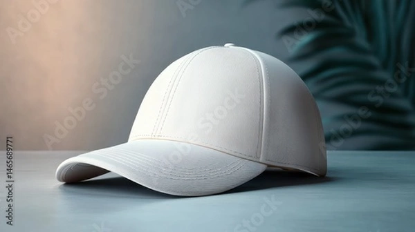 Fototapeta Close-up of a clean white baseball cap placed on a smooth surface with soft lighting and a blurred dark green plant background