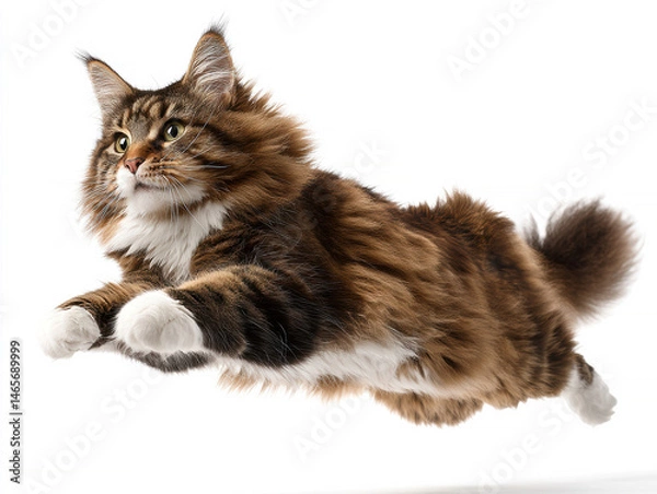 Fototapeta A candid photograph captures a tabby cat in mid-air, with its fur spread and tail extended The setting is an evenly lit indoor environment without distractions The cats eyes are wide - AI-Generated