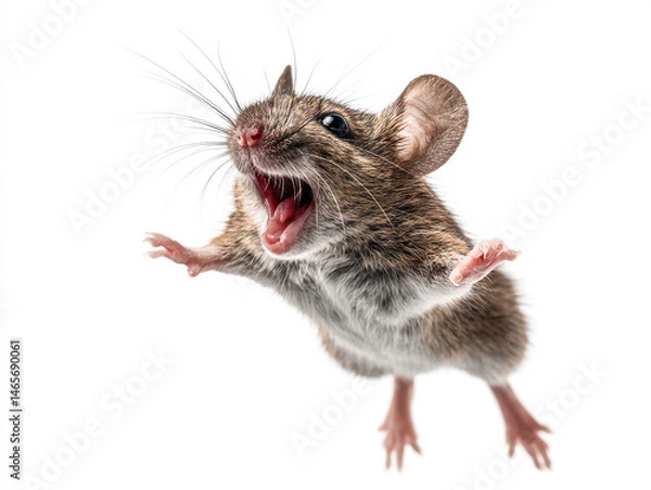 Fototapeta Close-up image of a singingscreeching mouse, light brown or grey fur, prominent whiskers, no text, head-on perspective, artificial lighting, realistic style - AI-Generated
