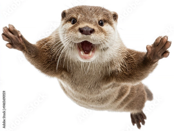 Obraz Close-up image of a smiling sea otter on its back, floating with spread paws against a reflective water background Dark brown fur contrasts with lighter underbelly Realistic style, vi - AI-Generated