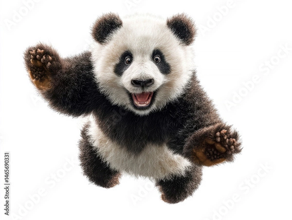 Fototapeta A joyful panda in mid-air leap, against a white backdrop, with distinctive black patches and cartoon-like style - AI-Generated
