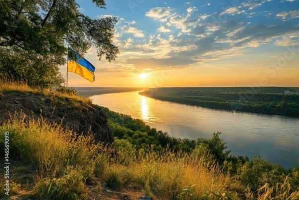 Fototapeta Scenic view of a wide river under a colorful sunset sky with a Ukrainian flag waving from a high bank.