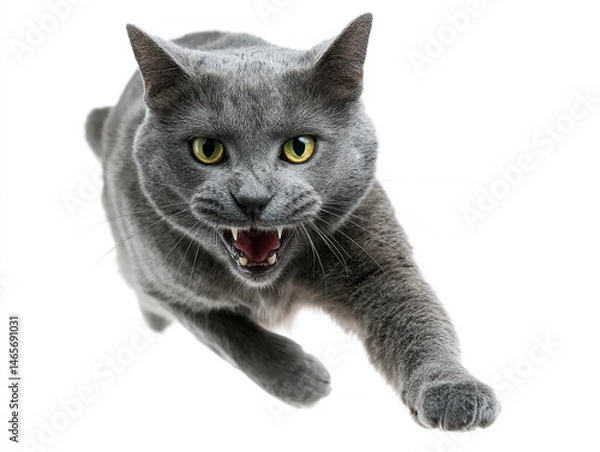 Fototapeta Grey cat mid-jump, extended right, soft fur, well-groomed, wide open eyes, surprise or sudden movement, agape mouth, teeth visible, reflection below, polished surface, blurred indoor ba - AI-Generated