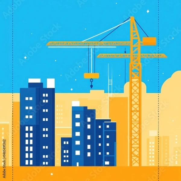 Obraz City skyline under construction with a large crane.  Modern buildings in various shades of blue and dark, contrasted with a bright yellow crane against a light blue sky
