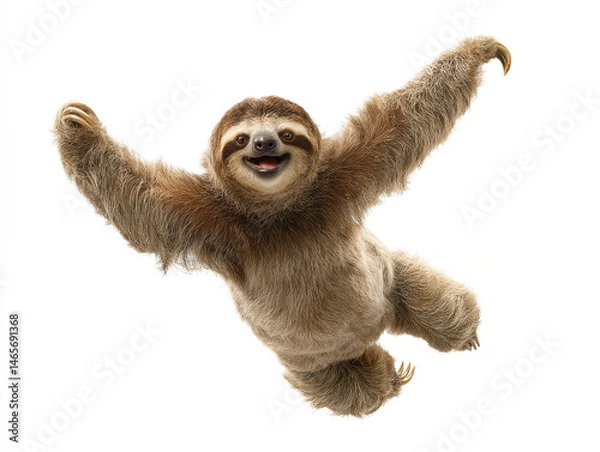 Obraz A mid-air sloth, mimicking flight with extended arms, against a white background No context or other objects visible Even lighting Unusual photograph capturing a flight-like moment o - AI-Generated