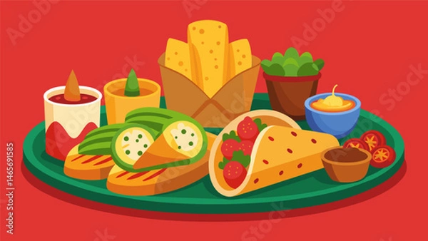 Obraz A fiesta on a platter with a variety of classic Mexican street food options like crispy potato taquitos and cheesy tlayudas.. Vector illustration