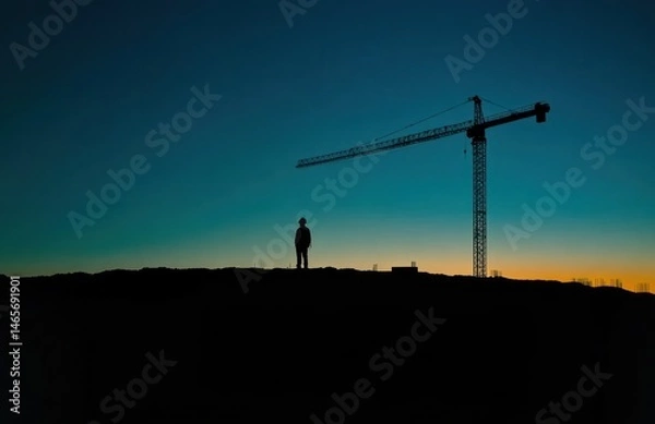 Obraz Silhouetted figure stands on hilltop, facing large construction crane at twilight