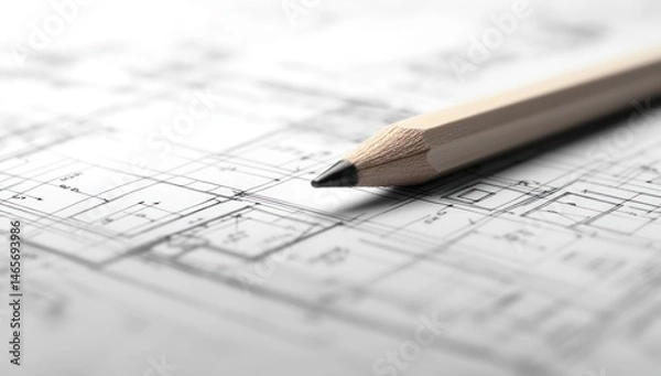Obraz Architectural blueprint with a pencil. Detailed house plan on paper with a light brown pencil resting on top