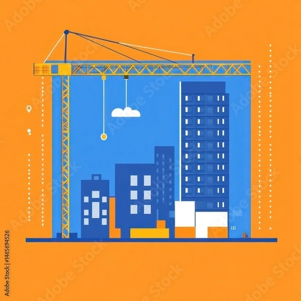 Obraz Urban construction site depicted.  A crane hovers over a city skyline, with buildings under construction.  Simple shapes and colors convey the process of urban development