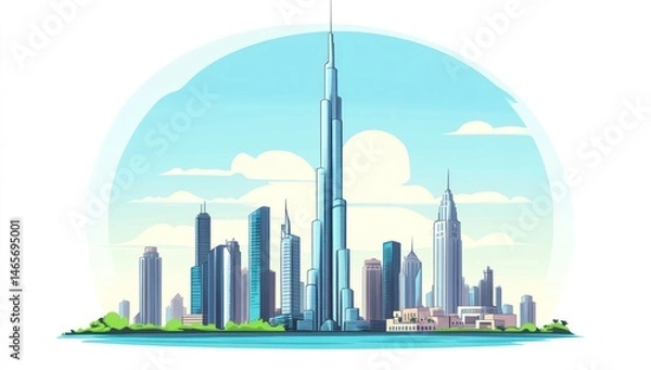 Obraz A stylized illustration of a modern cityscape, featuring a prominent tall skyscraper.  Clouds and a blue sky surround the scene.  Green vegetation is visible by the water's edge
