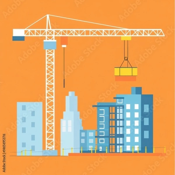 Obraz Construction site with crane lifting materials, modern city buildings in progress