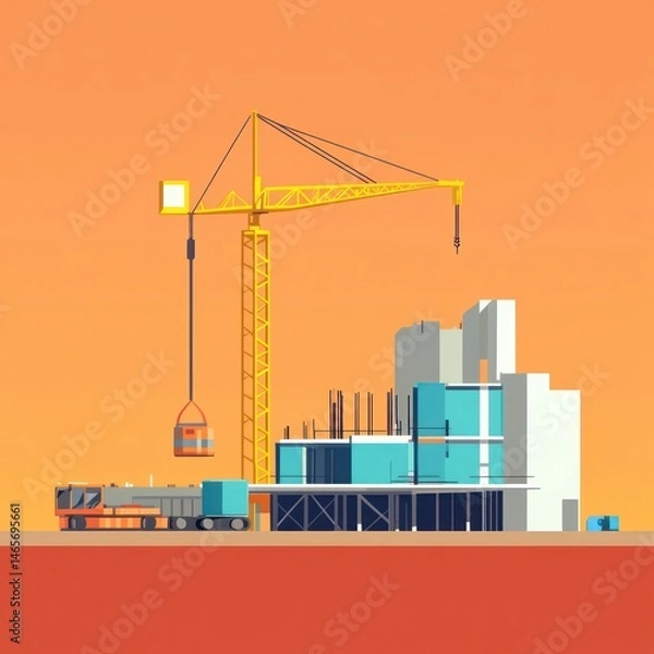 Obraz Construction site with crane and truck,  building under construction.  Detailed illustration of modern structure
