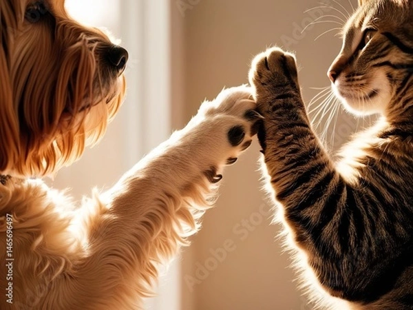 Obraz Tabby cat and fluffy shaggy dog ​​touch each other with their paws, friendship and friends, pets