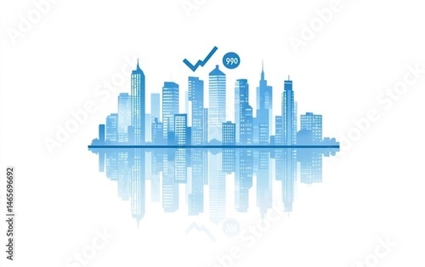 Obraz City skyline illustration with a 90% approval rating graphic overlaid.  A mirrored reflection of the buildings is visible