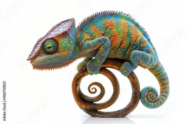 Fototapeta Colorful chameleon with detailed textured scales resting on a coiled wooden branch, displaying vibrant patterns of blue, green, orange, and red with a focused eye