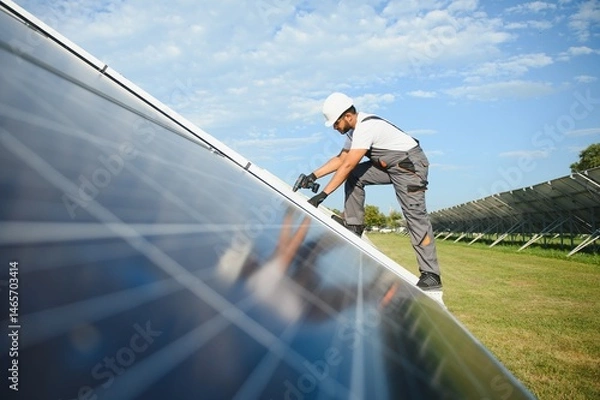Fototapeta Indian man in uniform on solar farm. Competent energy engineer controlling work of photovoltaic cells