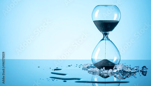 Fototapeta Transparent hourglass with black sand on a reflective surface and a light blue background with melted ice cubes and water drops and copy space.