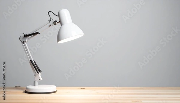 Fototapeta Modern White Desk Lamp on Wooden Table Illumination and Style