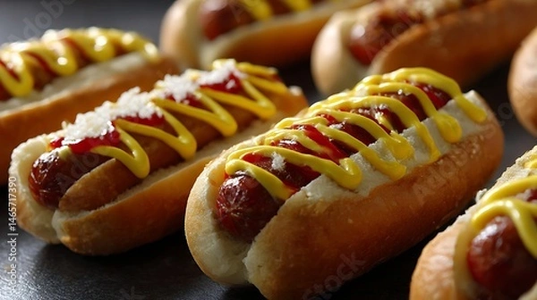 Fototapeta ケチャップとマスタードがかかった定番ホットドッグ