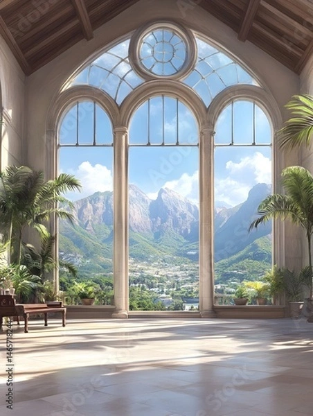 Fototapeta Sunlit atrium with arched windows showcasing a panoramic mountain and valley view