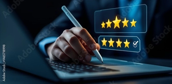 Obraz Digital Customer Review: A close-up shot of a hand selecting the final star on a rating, digital concept, reflecting the act of providing feedback and customer satisfaction.