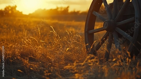 Fototapeta Golden sunset illuminates a weathered wagon wheel in tall grass.