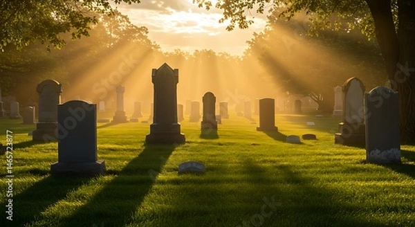 Obraz Cemetery Landscape with Sun Rays Shining Through Trees