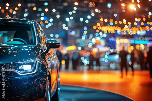 Fototapeta Spotlighted car on display at auto show with blurred crowd background