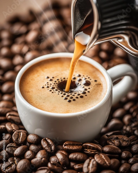 Fototapeta Espresso Stream Pouring into White Cup on Machine Tray with Coffee Beans
