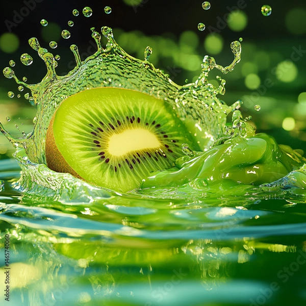 Obraz Fresh, juicy green kiwi fruit slice in a water splash