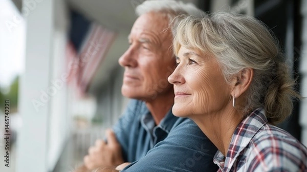 Obraz Senior couple sitting on front porch looking thoughtfully into distance, ideal for American family traditions, aging themes, nostalgia, retirement and lifestyle marketing