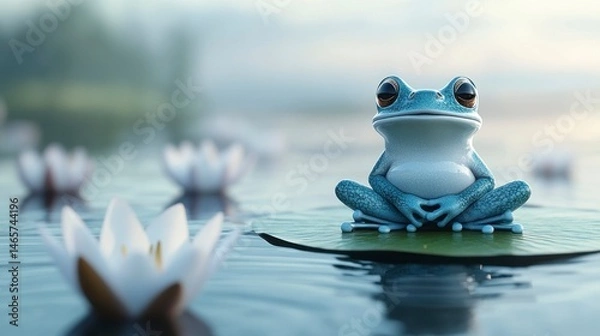 Fototapeta Serene Blue Frog Meditating on a Lily Pad in a Calm Pond with White Water Lilies