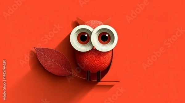 Fototapeta Stylish Owl Illustration with Bold Red Background and Leaf Detail for Creative Projects