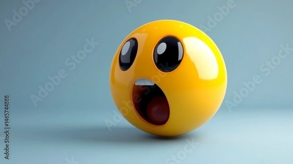 Fototapeta Surprised Emoji Face 3D Rendered Yellow Ball with Wide Eyes and Open Mouth on a Soft Blue Back