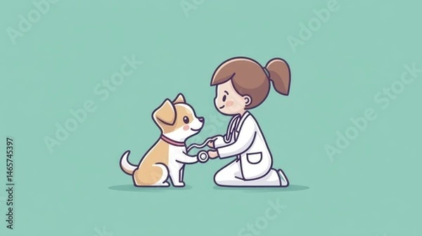 Fototapeta Veterinarian Examining a Dog with Stethoscope Adorable Cartoon Illustration for Medical and Pe